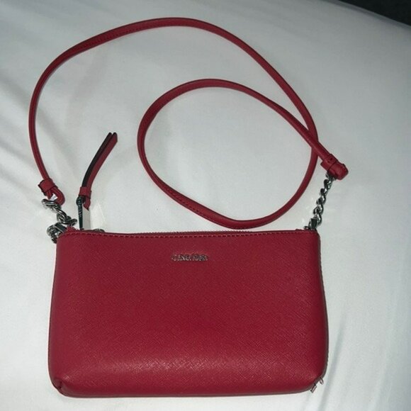 Calvin Klein Red Saffiano Leather Crossbody Bag With Silver Chain Strap - Picture 2 of 9